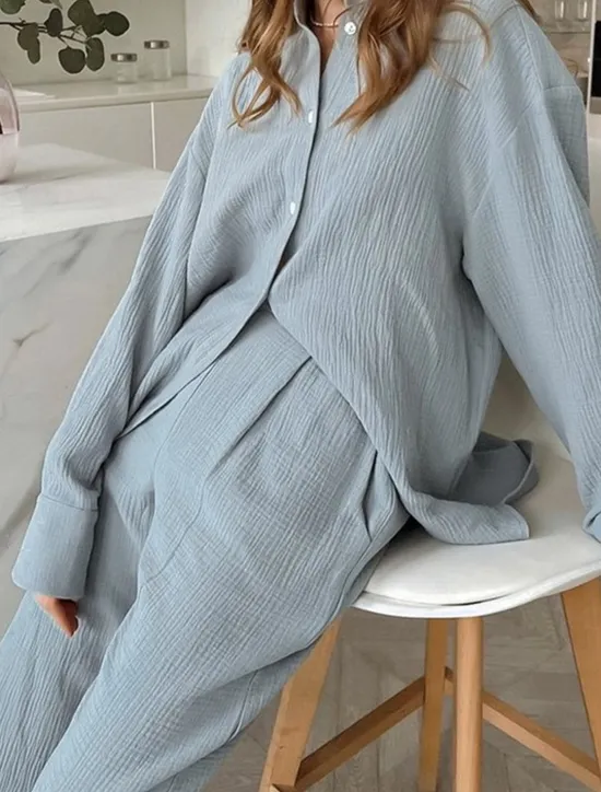 Sale Women's Loungewear Sets Pure Color Simple Basic Street Daily Cotton And Linen Breathable Lapel Long Sleeve Shirt Pant Button Summer Spring Home Outfits Women Pajama-Setter