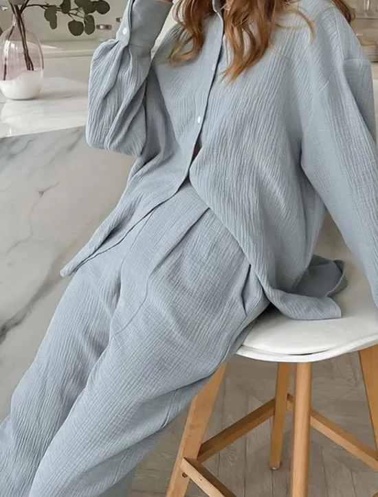 Sale Women's Loungewear Sets Pure Color Simple Basic Street Daily Cotton And Linen Breathable Lapel Long Sleeve Shirt Pant Button Summer Spring Home Outfits Women Pajama-Setter