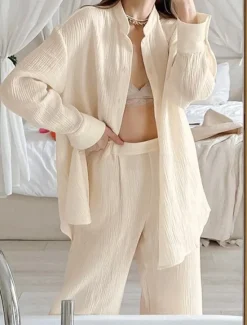Sale Women's Loungewear Sets Pure Color Simple Basic Street Daily Cotton And Linen Breathable Lapel Long Sleeve Shirt Pant Button Summer Spring Home Outfits Women Pajama-Setter
