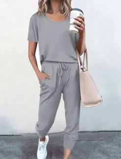 Online Women's Loungewear Sets Pure Color Fashion Casual Comfort Street Daily Date Breathable Crew Neck Short Sleeve T shirt Tee Pant Pocket Elastic Waist Summer Fall Home Outfits Women Pajama-Setter