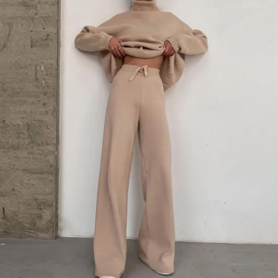 Best Women's Loungewear Sweatsuit Sets 2 Pieces Pure Color Fashion Casual Comfort Home Going out Airport Knit High Neck Long Sleeve Pullover Pant Fall Winter Home Outfits Women Pajama-Setter