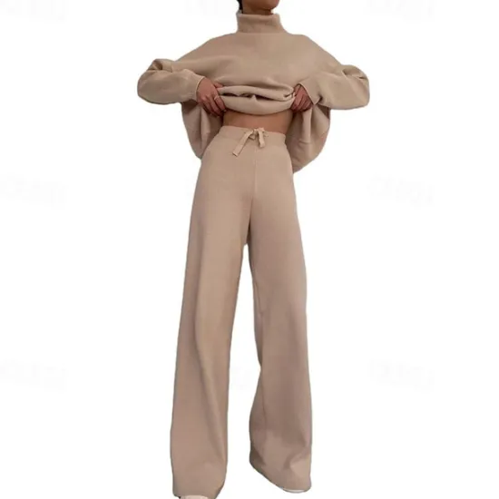 Best Women's Loungewear Sweatsuit Sets 2 Pieces Pure Color Fashion Casual Comfort Home Going out Airport Knit High Neck Long Sleeve Pullover Pant Fall Winter Home Outfits Women Pajama-Setter