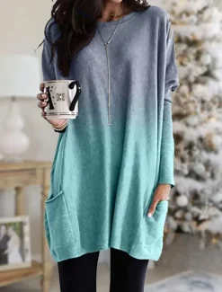 Hot Women's Loungewear Top Gradient Simple Casual Comfort Home Daily Breathable Crew Neck Long Sleeve Pocket Fall Winter Home Outfits Women Tunic Tops