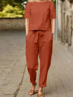 Hot Women's Loungewear Two Piece Sets Fashion Simple Casual Pure Color Pocket Cotton Linen Sets T Shirt Pant Street Date Airport Half Sleeve Crew Neck Army Green Orange Khaki Dark Blue Summer Spring Women Sets