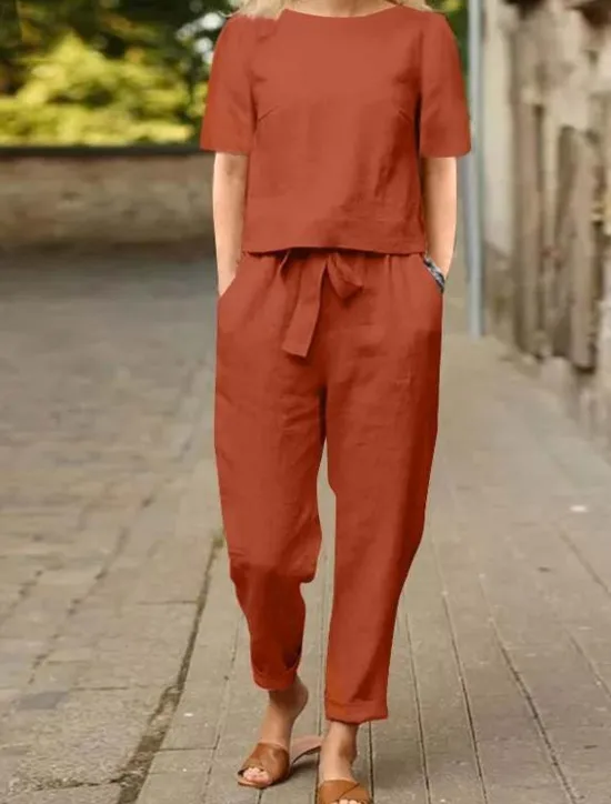 Hot Women's Loungewear Two Piece Sets Fashion Simple Casual Pure Color Pocket Cotton Linen Sets T Shirt Pant Street Date Airport Half Sleeve Crew Neck Army Green Orange Khaki Dark Blue Summer Spring Women Sets