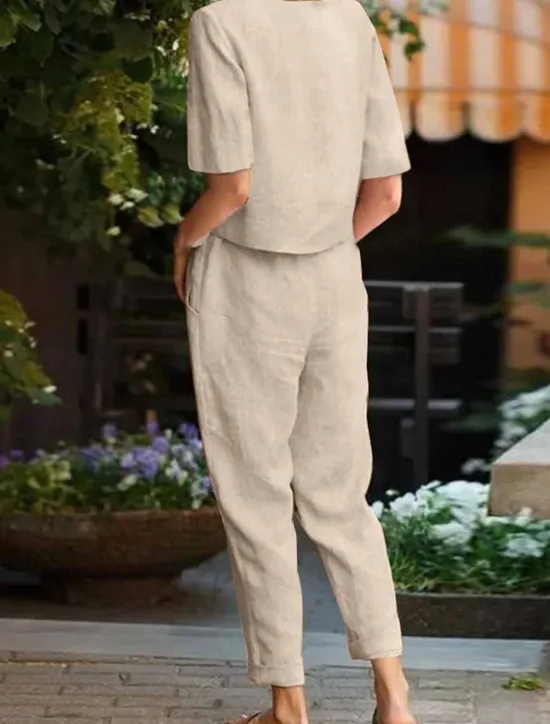 Hot Women's Loungewear Two Piece Sets Fashion Simple Casual Pure Color Pocket Cotton Linen Sets T Shirt Pant Street Date Airport Half Sleeve Crew Neck Army Green Orange Khaki Dark Blue Summer Spring Women Sets