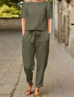Hot Women's Loungewear Two Piece Sets Fashion Simple Casual Pure Color Pocket Cotton Linen Sets T Shirt Pant Street Date Airport Half Sleeve Crew Neck Army Green Orange Khaki Dark Blue Summer Spring Women Sets