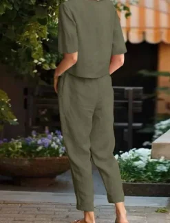 Hot Women's Loungewear Two Piece Sets Fashion Simple Casual Pure Color Pocket Cotton Linen Sets T Shirt Pant Street Date Airport Half Sleeve Crew Neck Army Green Orange Khaki Dark Blue Summer Spring Women Sets