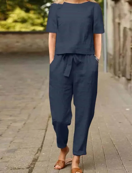 Hot Women's Loungewear Two Piece Sets Fashion Simple Casual Pure Color Pocket Cotton Linen Sets T Shirt Pant Street Date Airport Half Sleeve Crew Neck Army Green Orange Khaki Dark Blue Summer Spring Women Sets
