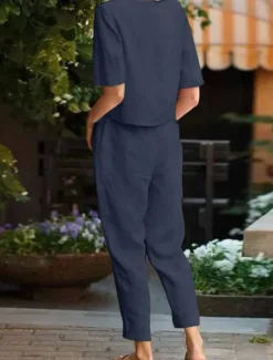 Hot Women's Loungewear Two Piece Sets Fashion Simple Casual Pure Color Pocket Cotton Linen Sets T Shirt Pant Street Date Airport Half Sleeve Crew Neck Army Green Orange Khaki Dark Blue Summer Spring Women Sets