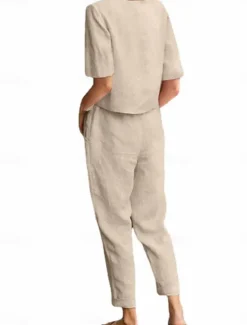 Hot Women's Loungewear Two Piece Sets Fashion Simple Casual Pure Color Pocket Cotton Linen Sets T Shirt Pant Street Date Airport Half Sleeve Crew Neck Army Green Orange Khaki Dark Blue Summer Spring Women Sets