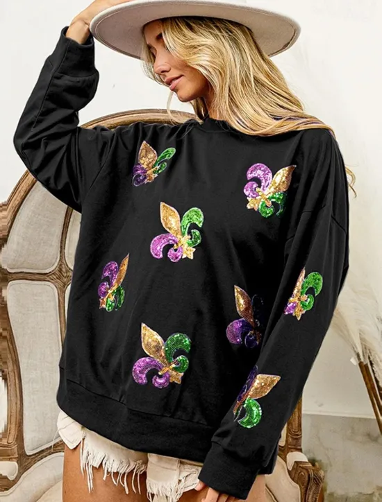 Best Women's Mardi Gras Shirt Blouse Women's Black White Purple Graphic Sequins Party Casual Active Sportswear Round Neck Regular Fit Carnival Theme Women Hoodies & Sweatshirts