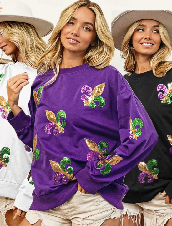 Best Women's Mardi Gras Shirt Blouse Women's Black White Purple Graphic Sequins Party Casual Active Sportswear Round Neck Regular Fit Carnival Theme Women Hoodies & Sweatshirts