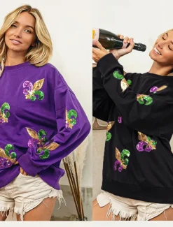 Best Women's Mardi Gras Shirt Blouse Women's Black White Purple Graphic Sequins Party Casual Active Sportswear Round Neck Regular Fit Carnival Theme Women Hoodies & Sweatshirts