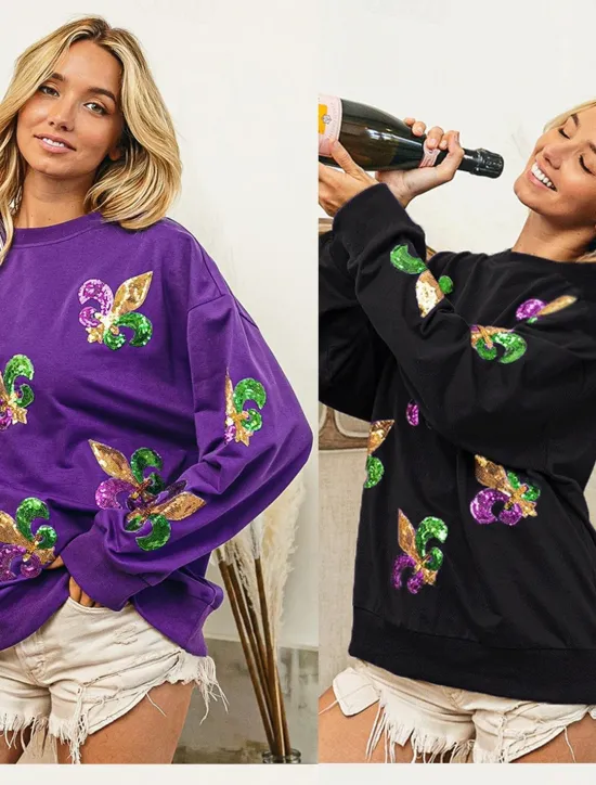 Best Women's Mardi Gras Shirt Blouse Women's Black White Purple Graphic Sequins Party Casual Active Sportswear Round Neck Regular Fit Carnival Theme Women Hoodies & Sweatshirts