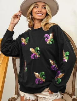 Best Women's Mardi Gras Shirt Blouse Women's Black White Purple Graphic Sequins Party Casual Active Sportswear Round Neck Regular Fit Carnival Theme Women Hoodies & Sweatshirts