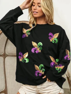 Best Women's Mardi Gras Shirt Blouse Women's Black White Purple Graphic Sequins Party Casual Active Sportswear Round Neck Regular Fit Carnival Theme Women Hoodies & Sweatshirts
