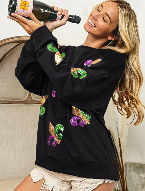 Best Women's Mardi Gras Shirt Blouse Women's Black White Purple Graphic Sequins Party Casual Active Sportswear Round Neck Regular Fit Carnival Theme Women Hoodies & Sweatshirts