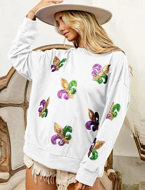 Best Women's Mardi Gras Shirt Blouse Women's Black White Purple Graphic Sequins Party Casual Active Sportswear Round Neck Regular Fit Carnival Theme Women Hoodies & Sweatshirts