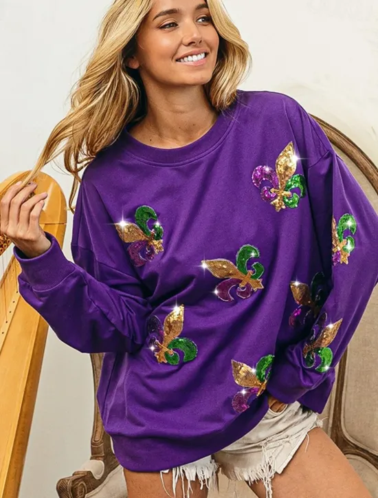 Best Women's Mardi Gras Shirt Blouse Women's Black White Purple Graphic Sequins Party Casual Active Sportswear Round Neck Regular Fit Carnival Theme Women Hoodies & Sweatshirts
