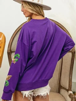 Best Women's Mardi Gras Shirt Blouse Women's Black White Purple Graphic Sequins Party Casual Active Sportswear Round Neck Regular Fit Carnival Theme Women Hoodies & Sweatshirts