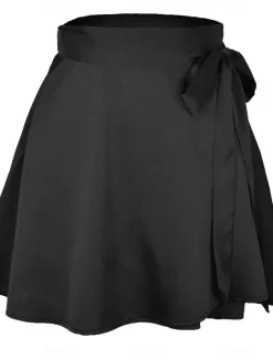 Best Women's Mardi Gras Skirt A Line Mini High Waist Skirts Bow Solid Colored Daily Holiday Summer Satin Fashion Casual Wine Black-White Black Pink Carnival Theme Women Skirts
