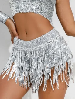Women's Mardi Gras Skirt Sparkly Skirt Mini Low Waist Skirts Sequins Tassel Fringe Solid Colored Performance Party Summer Fashion Sexy Silver Black Golden Red Carnival Theme Women Skirts