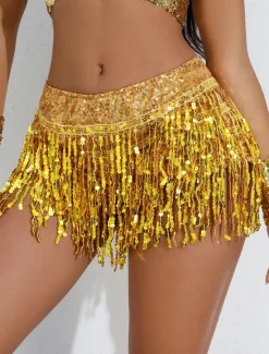 Women's Mardi Gras Skirt Sparkly Skirt Mini Low Waist Skirts Sequins Tassel Fringe Solid Colored Performance Party Summer Fashion Sexy Silver Black Golden Red Carnival Theme Women Skirts