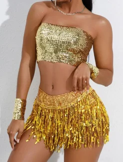 Women's Mardi Gras Skirt Sparkly Skirt Mini Low Waist Skirts Sequins Tassel Fringe Solid Colored Performance Party Summer Fashion Sexy Silver Black Golden Red Carnival Theme Women Skirts
