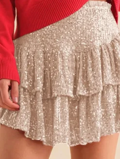 Hot Women's Mardi Gras Skirt Sparkly Skirt Mini High Waist Skirts Sequins Layered Solid Colored Carnival Date Summer Fashion Shiny Silver Black Purple Green Carnival Theme Women Skirts