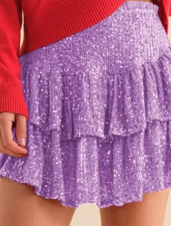 Hot Women's Mardi Gras Skirt Sparkly Skirt Mini High Waist Skirts Sequins Layered Solid Colored Carnival Date Summer Fashion Shiny Silver Black Purple Green Carnival Theme Women Skirts