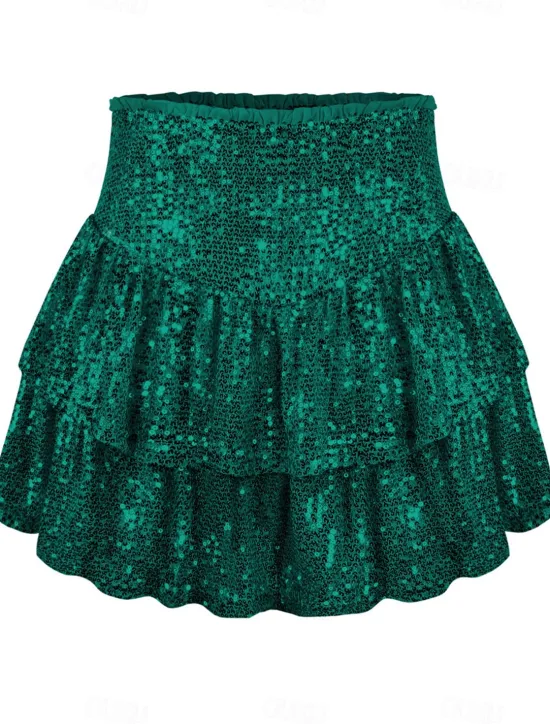 Hot Women's Mardi Gras Skirt Sparkly Skirt Mini High Waist Skirts Sequins Layered Solid Colored Carnival Date Summer Fashion Shiny Silver Black Purple Green Carnival Theme Women Skirts