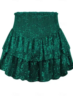 Hot Women's Mardi Gras Skirt Sparkly Skirt Mini High Waist Skirts Sequins Layered Solid Colored Carnival Date Summer Fashion Shiny Silver Black Purple Green Carnival Theme Women Skirts