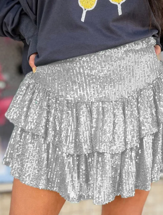 Hot Women's Mardi Gras Skirt Sparkly Skirt Mini High Waist Skirts Sequins Layered Solid Colored Carnival Date Summer Fashion Shiny Silver Black Purple Green Carnival Theme Women Skirts