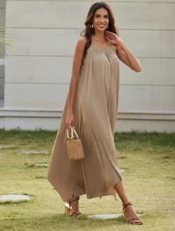 Discount Women's Maxi Cami Dress Resort Wear Tan Satin Essential Casual Loose Fit Vacation Dress Summer Women Casual Dress