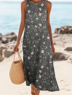 Women's Maxi Dress A Line Dress Off The Shoulder Dress Vacation Casual Boho Going out Standard Fit Floral Graphic Paisley Sleeveless U Neck Brown Dark Gray Summer Spring Women Floral Dresses