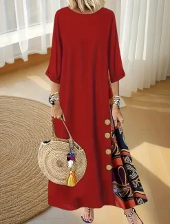 Discount Women's Maxi Dress A Line Dress Summer Dress Casual Daily Regular Fit Floral Graphic 3/4 Length Sleeve Crew Neck Black Red Summer Autumn Women Casual Dress