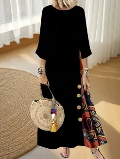 Discount Women's Maxi Dress A Line Dress Summer Dress Casual Daily Regular Fit Floral Graphic 3/4 Length Sleeve Crew Neck Black Red Summer Autumn Women Casual Dress