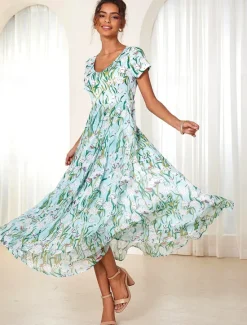 Online Women's Maxi Dress A Line Dress Elegant Flounce Sleeve Vacation Daily Regular Fit Floral Short Sleeve Crew Neck Summer Women Spring Dresses|Vacation Dresses