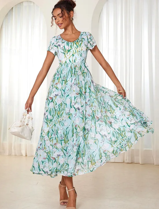 Online Women's Maxi Dress A Line Dress Elegant Flounce Sleeve Vacation Daily Regular Fit Floral Short Sleeve Crew Neck Summer Women Spring Dresses|Vacation Dresses