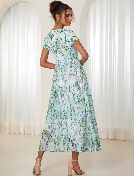 Online Women's Maxi Dress A Line Dress Elegant Flounce Sleeve Vacation Daily Regular Fit Floral Short Sleeve Crew Neck Summer Women Spring Dresses|Vacation Dresses