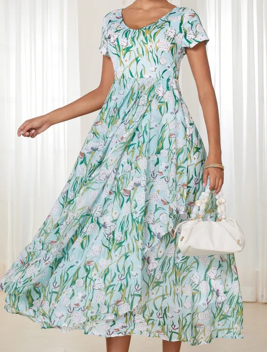 Online Women's Maxi Dress A Line Dress Elegant Flounce Sleeve Vacation Daily Regular Fit Floral Short Sleeve Crew Neck Summer Women Spring Dresses|Vacation Dresses