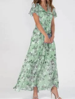 Clearance Women's Maxi Dress A Line Dress Vacation Casual Boho Outdoor Going out Standard Fit Floral Short Sleeve V Neck Light Blue Blue Fuchsia Green Summer Women Floral Dresses