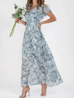 Clearance Women's Maxi Dress A Line Dress Vacation Casual Boho Outdoor Going out Standard Fit Floral Short Sleeve V Neck Light Blue Blue Fuchsia Green Summer Women Floral Dresses