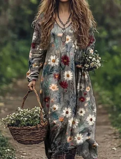 Outlet Women's Maxi Dress A Line Dress Vacation Casual Boho Going out Beach Loose Fit Floral Graphic Paisley Long Sleeve V Neck Red Blue Green Gray Summer Spring Women Vacation Dresses|Floral Dresses