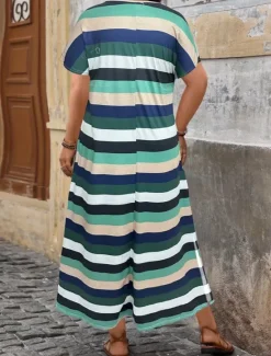 Discount Women's Maxi Dress A Line Dress Casual Outdoor Beach Loose Fit Stripe Short Sleeve V Neck Pink Red Blue Purple Summer Spring Women Vacation Dresses|Floral Dresses