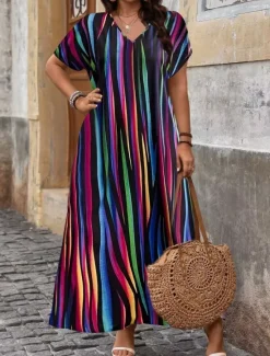 Discount Women's Maxi Dress A Line Dress Casual Outdoor Beach Loose Fit Stripe Short Sleeve V Neck Pink Red Blue Purple Summer Spring Women Vacation Dresses|Floral Dresses