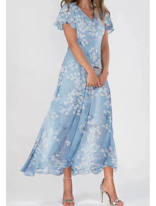 New Women's Maxi Dress A Line Dress Elegant Daily Date Regular Fit Floral V Neck Summer Women Chiffon Dresses
