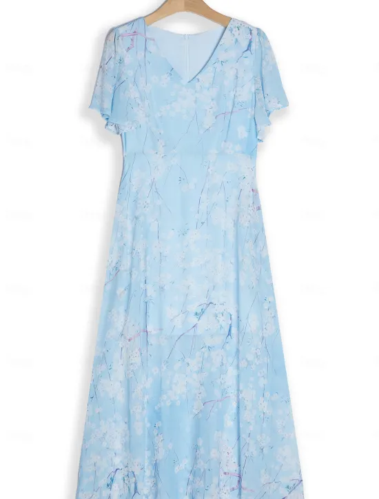 New Women's Maxi Dress A Line Dress Elegant Daily Date Regular Fit Floral V Neck Summer Women Chiffon Dresses