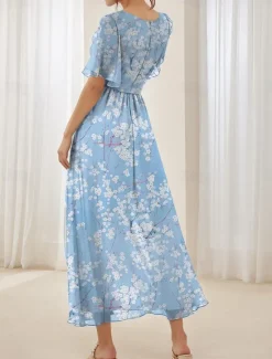 New Women's Maxi Dress A Line Dress Elegant Daily Date Regular Fit Floral V Neck Summer Women Chiffon Dresses